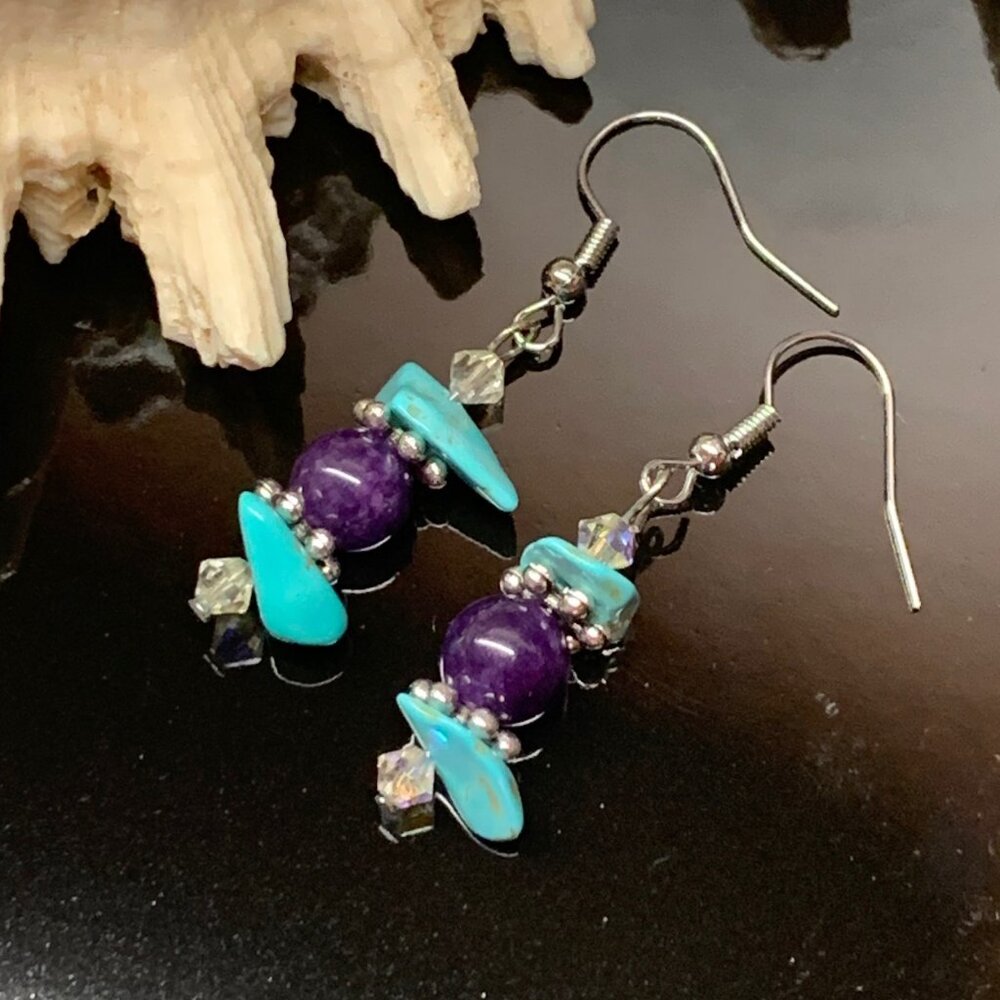 Turquoise Amethyst Gemstone Beads Handmade Pierced Earrings LR119